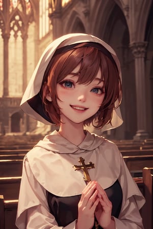 1girl, cute, st3llarlilly,smiling, short hair,nun_clothing, exposed_face, church,pray_to_the_Virgin_Mary