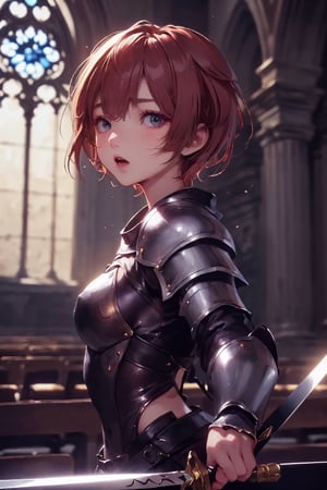 1girl, cute, st3llarlilly,serious expression, short hair,holy_knight, whole-length , church,have to sword,have to shield