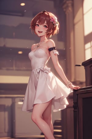 1girl, cute, st3llarlilly, smiling, short hair,wedding_dress, legs_open