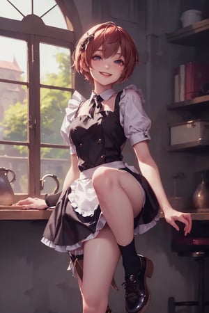 1girl, cute, st3llarlilly, smiling, short hair, maid_uniform,leg_spread