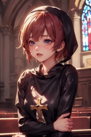 1girl, cute, st3llarlilly, teary-eyed, short hair,nun_clothing,  pray, exposed_face, church