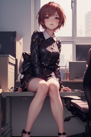 1girl, cute, st3llarlilly, sad_face, short hair,  office_lady, legs_spread