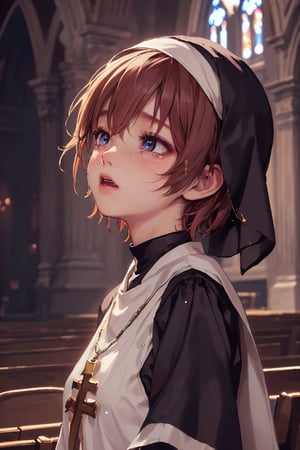 1girl, cute, st3llarlilly, crying_tears, short hair,nun_clothing,  pray, exposed_face, church