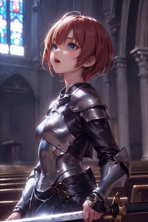 1girl, cute, st3llarlilly,serious expression, short hair,holy_knight, whole-length , church,have to sword
