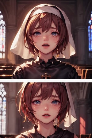 1girl, cute, st3llarlilly, crying_tears, short hair,nun_clothing,  pray, exposed_face, church