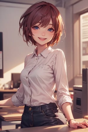 1girl, cute, st3llarlilly, smiling, short hair,  office_lady