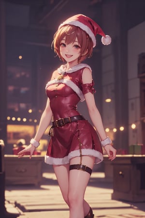 1girl, cute, st3llarlilly, smiling, short hair,christmas_clothing, legs_open