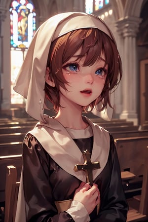 1girl, cute, st3llarlilly, crying_tears, short hair,nun_clothing, exposed_face, church,pray_to_the_Virgin_Mary