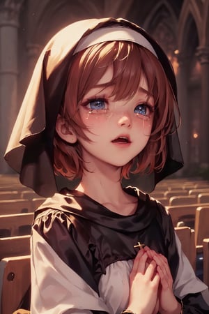 1girl, cute, st3llarlilly, crying_tears, short hair,nun_clothing, exposed_face, church,pray_to_the_Virgin_Mary