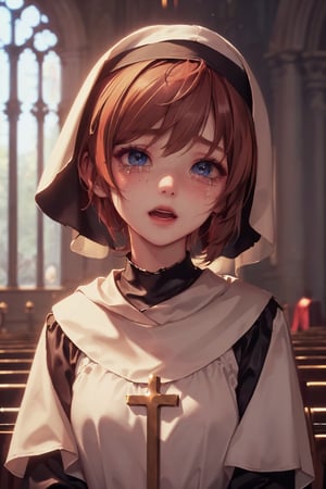 1girl, cute, st3llarlilly, crying_tears, short hair,nun_clothing,  pray, exposed_face, church,looking_at_the Virgin Mary