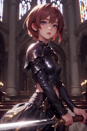 1girl, cute, st3llarlilly,serious expression, short hair,holy_knight, whole-length , church,have to sword,have to shield, piercing eyes
