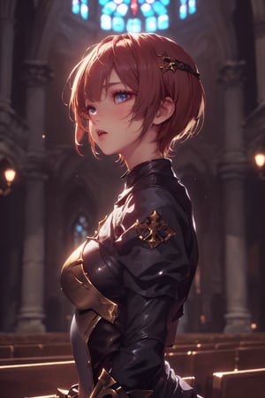 1girl, cute, st3llarlilly,serious expression, short hair,holy_knight, whole-length , church,
have to Blunt Weapon, piercing eyes, put_on_basinet