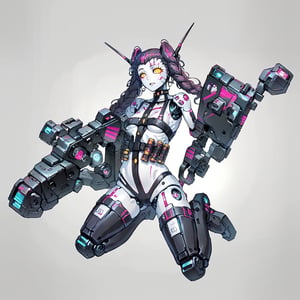 solo, weapon, white background, gun, no humans, robot, cyber, science fiction, one-eyed,1girl