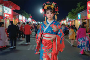 1girl, huakui Wide-angle lens ,During the oiran parade in Japan's Edo period, a beautiful girl, wearing a gorgeous kimono, walked on the brightly lit streets. The people around her stopped to watch, and their eyes were attracted to this beautiful oiran. The transparent There is a round moon in the starry sky, gently spreading the moonlight to the world