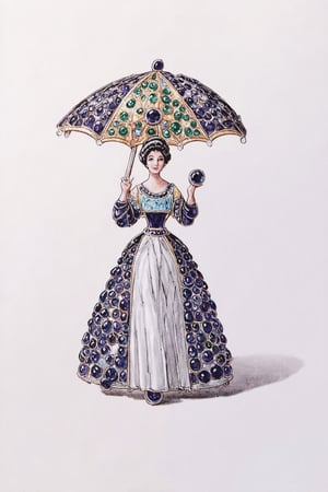 jewelry design,sketch,watercolor,hand-drawn, a close-up shot of an intricate jewelry brooch, featuring a silhouetted medieval European lady holding a ornate parasol. The brooch's surface is adorned with opulent gemstones, including diamonds and sapphires, that catch the soft golden light. The subject's delicate features are rendered in exquisite detail, with the parasol's intricate latticework adding a touch of whimsy to the overall design.