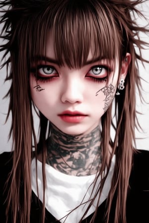 punkgg,A moody, close-up portrait of a Japanese female high school student with a rebellious vibe, showcasing her brown-red dreadlocks in a tangled, effortless style. The subject's eyes are cast downward, exuding a mix of sadness and defiance. Soft, warm lighting enhances the textured locks, while the out-of-focus background adds depth to the intimate composition.,piercing,make_up,punk,jewerlry,tattoo