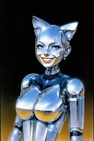 Illustration portrait of a robot girl,realistic,solid color background, smiling,wearing cat ears hair accessory, warm sunny smile,robot face, master work, Japanese design, futuristic design, metal reflection, konshanji