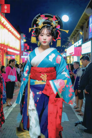 1girl, huakui, During the oiran parade in Japan's Edo period, a beautiful girl, wearing a gorgeous kimono, walked on the brightly lit streets. The people around her stopped to watch, and their eyes were attracted to this beautiful oiran. The transparent There is a round moon in the starry sky, gently spreading the moonlight to the world