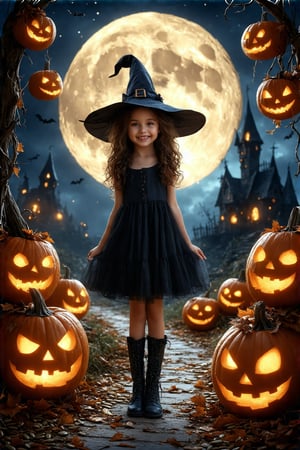 a young witch with a round face, large eyes, and a wide smile, exuding a sense of excitement. She wears a classic black witch costume with a pointed hat, a long, flowing dress, and knee-high black boots. Her hair is styled in loose, wavy curls that cascade around her shoulders.

Surrounding her are numerous glowing jack-o'-lanterns, each with a menacing, grinning face carved into the orange flesh. These pumpkins are suspended in mid-air, adding to the whimsical and spooky atmosphere. The background features a dark, starry night sky with a large, glowing full moon casting a soft, eerie light. The moonlight illuminates the scene, highlighting the witch's costume and the pumpkins' glowing eyes.

In the distance, a dilapidated, spooky castle with turrets and a winding path can be seen, adding to the Halloween theme. The ground is littered with fallen leaves and pumpkin seeds, enhancing the autumnal feel. The overall mood is festive and slightly eerie, capturing the essence of Halloween night.