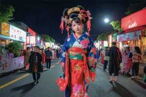 1girl, huakui Wide-angle lens ,During the oiran parade in Japan's Edo period, a beautiful girl, wearing a gorgeous kimono, walked on the brightly lit streets. The people around her stopped to watch, and their eyes were attracted to this beautiful oiran. The transparent There is a round moon in the starry sky, gently spreading the moonlight to the world