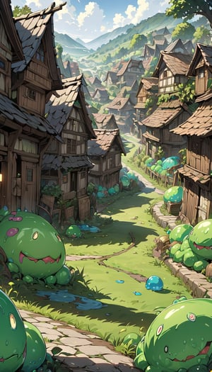 (best quality), ((masterpiece)), (highres), illustration, original, extremely detailed,
A village full of slimes, dnd