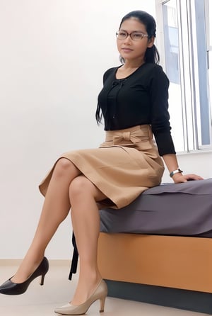 adnilofaces, full_body, 1girl, teacher, black hair, black eyes, glasses, hairstyle tied back, cropped cafarena dress and a black t-shirt underneath, a fabric belt, long beige skirt, beige flat shoes, forshortening, foot focus, mid length skirt, black high heels black soles, shoedangle, shoe dangle, in a bedroom, sitting on her back on a couch looking back, looking back, from behind, with her legs on the bed, posing explicitly sexually, focusing on the shoes
