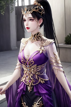 outdoors,masterpiece,(best quality),official art, extremely detailed cg 8k wallpaper,((crystalstexture skin)), (extremely delicate and beautiful),highly detailed, collarbone,1girl, solo, black_hair, long_hair, jewelry, earrings, makeup, ponytail,white_legwear,