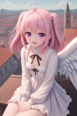 ((best quality)),(sks girl:1.2),((angel)),wing,background beautiful medieval port town cityscape,sitting on the roof,(two side up middle hair of pink color and purple eyes),(ahoge),(simple white dress),white frill,[[[smile]]],[close mouth],flat chest,flowers in the sky,Artistic oil painting by a craftsman of pale colors. Soft focus, soft shadows, and depth of field effects. Top rated in the art world.

