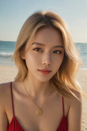 (Best quality, 8k, 32k, raw photo, photorealistic, UHD:1.2), A captivating image of Malaysian young woman with brautiful expressive eyes and blonde hair. She is leaning forward on a sun-drenched sandy beach, her red sleeveless top and necklace glowing under the warm golden sunlight. The texture of the sand is expertly rendered, and the sun's rays dance on her face, accentuating her features. In the background, the gentle waves of the sea lap at the shore, and the slightly blurred horizon emphasizes the depth of the scene. This captivating image exudes relaxation and tranquility, perfect for a beachside scene.