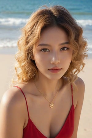 (Best quality, 8k, 32k, raw photo, photorealistic, UHD:1.2), A captivating image of Malaysian young woman with brautiful expressive eyes and blonde curly hair. She is leaning forward on a sun-drenched sandy beach, her red sleeveless top and necklace glowing under the warm golden sunlight. The texture of the sand is expertly rendered, and the sun's rays dance on her face, accentuating her features. In the background, the gentle waves of the sea lap at the shore, and the slightly blurred horizon emphasizes the depth of the scene. This captivating image exudes relaxation and tranquility, perfect for a beachside scene.