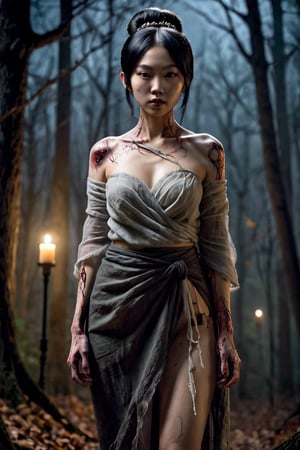 score_9, score_8. masterpiece, full body spooky image of 骨女(Beautiful young asian woman with intricately detailed zombie body, wearing loose gauze wraps,beautiful face, black hair done up in a bun), perfect anatomy, background of a spooky woods at night