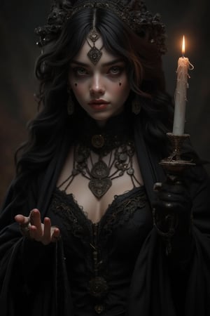 1girl(21 year old, cute, sexy, long black hair girl, wearing a black lavishly detailed victorian gown, mascara, holding a lit candle with wax dripping onto her hand) high resolution,  detailed skin,  detailed eyes,  8k uhd,  dslr,  high quality, chromatic_background