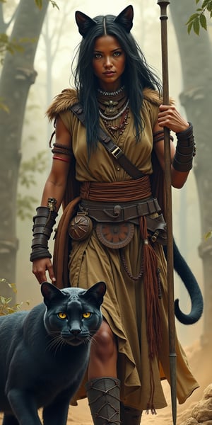 A Clan of women warriors that walk with Borunas, a very dangerous and loyal black cat indigenous to the outer regions of Kalinawa. Borunas only take commands from clan women, they have learned a special intonation in their speech that calm the cats and makes them more susceptible to commands. She is holding a spear and besides of her is a puma