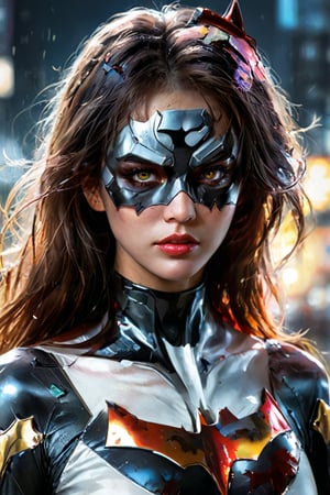 ((masterpiece)), ((best quality)), (((photo Realistic))), (portrait photo), (8k, RAW photo, best quality, masterpiece:1.2), (realistic, photo-realistic:1.3), Large white border all round. Overlay Japanese type. A poster with of batgirl extremely detailed eyes and face,portrait,bloody face,open flesh wounds,scary creepy,grisly ominous,painted with vibrant oils, cyberpunk art by Maciej Kuciara, cgsociety, deconstructivism, darksynth, behance hd, dystopian art, illustration