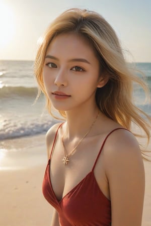 (Best quality, 8k, 32k, raw photo, photorealistic, UHD:1.2), A captivating image of Malaysian young woman with brautiful expressive eyes and blonde hair. She is leaning forward on a sun-drenched sandy beach, her red sleeveless top and necklace glowing under the warm golden sunlight. The texture of the sand is expertly rendered, and the sun's rays dance on her face, accentuating her features. In the background, the gentle waves of the sea lap at the shore, and the slightly blurred horizon emphasizes the depth of the scene. This captivating image exudes relaxation and tranquility, perfect for a beachside scene.