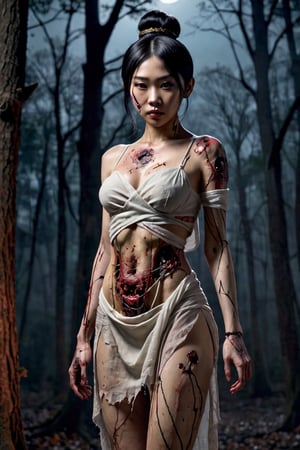 score_9, score_8. masterpiece, full body spooky image of 骨女(Beautiful young asian woman with intricately detailed zombie body, multiple wounds, wearing loose gauze wraps,beautiful face, black hair done up in a bun), perfect anatomy, background of a spooky woods at night