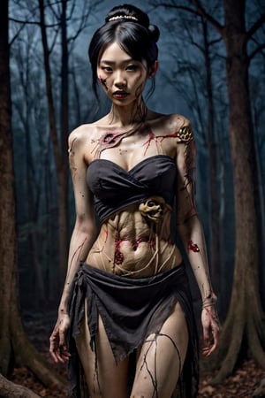 score_9, score_8. masterpiece, full body spooky image of 骨女(Beautiful young asian woman with intricately detailed zombie body, multiple wounds, wearing loose gauze wraps,beautiful face, black hair done up in a bun), perfect anatomy, background of a spooky woods at night