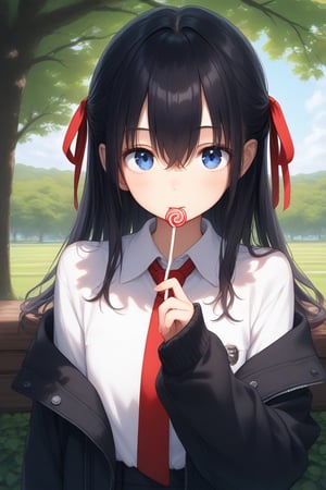 1girl, solo, long hair, looking at viewer, bangs, blue eyes, shirt, long sleeves, ribbon, hair between eyes, jacket, hair ribbon, white shirt, upper body, sidelocks, outdoors, food, necktie, sky, day, collared shirt, off shoulder, red ribbon, tree, mouth hold, red necktie, candy, lollipop