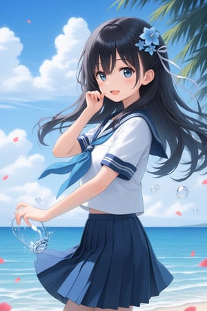 1girl, solo, long hair, looking at viewer, blush, smile, open mouth, bangs, blue eyes, skirt, shirt, black hair, hair ornament, ribbon, holding, hair between eyes, school uniform, hair ribbon, white shirt, flower, short sleeves, :d, pleated skirt, outdoors, sky, serafuku, day, cloud, hand up, hair flower, sailor collar, water, from side, blue sky, blue skirt, neckerchief, petals, ocean, beach, blue sailor collar, white ribbon, bubble, blue flower, blue neckerchief