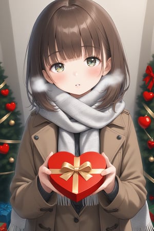 1girl, solo, looking at viewer, blush, bangs, brown hair, long sleeves, holding, jacket, upper body, parted lips, open clothes, scarf, sweater, open jacket, coat, sleeves past wrists, grey eyes, box, breath, gift, open coat, valentine, gift box, white scarf, holding gift, brown coat, fringe trim, enpera, grey scarf