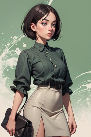 (no cap),bobbed hair, a blouse with a green straight pattern, a gray tight skirt, a right-handed dot bag, thin eyes, a sharp jawline, a woman in her 30s