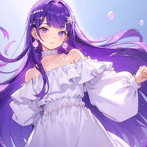 1girl, solo, long hair, bangs, purple eyes, purple hair, closed mouth, upper body, blunt bangs,  looking at viewer, blush, long sleeves, , jewelry, , upper body, pearl earrings, white hairclip, white off shoulder dress,