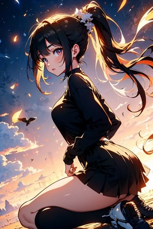 High quality, masterpiece, anime, High in details, beautiful, 1 girl, alone, looking at us, doing a tender pose, (full shot)(Light brown, long black hair, tied like a ponytail, medium breasts, big ass , big thighs, cute lips, cute eyes, cute nose, cute ears, cute eyebrows), (black sweater, skirt, long white stockings, black shoes) ruins and ligth, high details, pretty, high quality