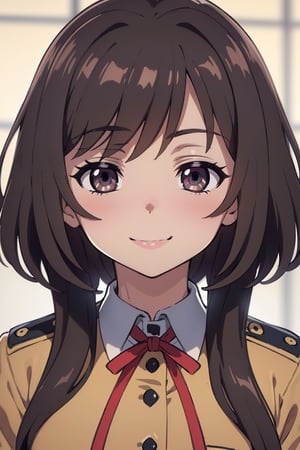 highly detailed, high quality, masterpiece, beautiful, anime, (close-up), 1 girl, alone, (light brown eyes, smiling happily, black hair, pretty facial features), wearing a red ribbon, uniformed student