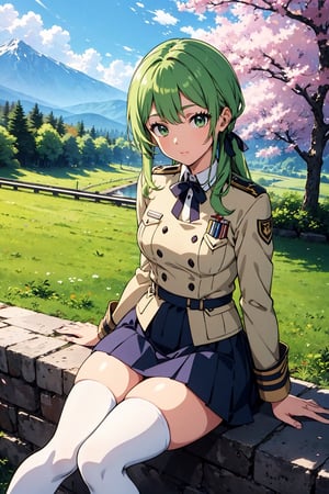 very detailed, high quality, masterpiece, beautiful, anime, (long shot), 1 girl, alone, (very light green eyes, tobacco-colored hair) (uniform, long hair tied with a ribbon, skirt, long white stockings , uniformed), the background of a beautiful mountain, with cherry trees, detailed background