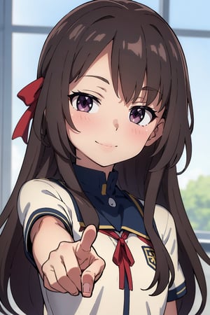 highly detailed, high quality, masterpiece, beautiful, anime, (medium shot), 1 girl, alone, pointing at the camera, (light brown eyes, smiling happily, black hair, pretty facial features), wearing a red ribbon, student uniformed