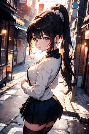 High quality, masterpiece, anime, High in details, beautiful, 1 girl, alone, looking at us, (full shot)(Light brown, long black hair, tied like a ponytail, medium breasts, big ass, big thighs, lips cute, cute eyes, cute nose, cute ears, cute eyebrows), (black sweater, skirt, long white stockings, black shoes) ruins and ligth, high details, pretty, high quality