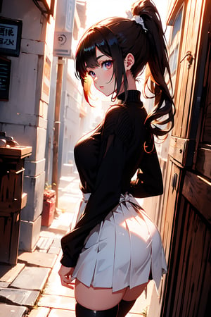 High quality, masterpiece, anime, High in details, beautiful, 1 girl, alone, looking at us, (full shot)(Light brown, long black hair, tied like a ponytail, medium breasts, big ass, big thighs, lips cute, cute eyes, cute nose, cute ears, cute eyebrows), (black sweater, skirt, long white stockings, black shoes) ruins and ligth, high details, pretty, high quality,Eyes