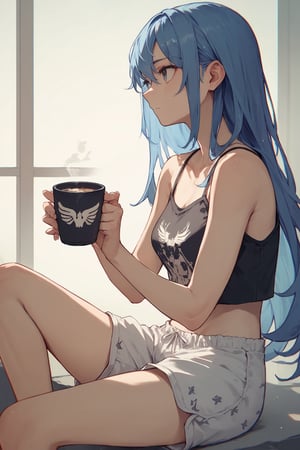 score_9, score_8_up, score_7_up, score_6_up, source_anime, 1girl, blue hair, long hair, 
black camisole, bloomers, sitting, holding cup, looking to the side, crop top, print,