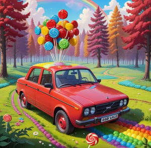 Lada (vaz) 2112 red car rides through a field of chewing gum, trees in the form of lollipops, rainbow road,disney pixar style